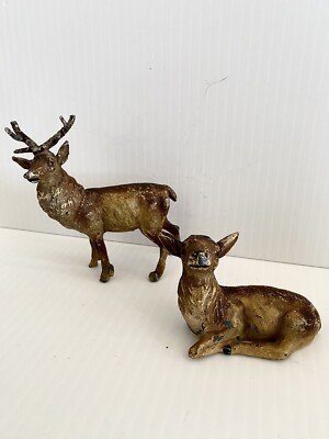 Deer Doe Cold Painted Metal Elk Stag Antlers Lying Figure Decor Figurine Old