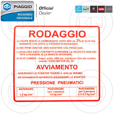 ETICHETTA ADESIVO ROSSO RODAGGIO 2% ORIGINALE PIAGGIO VESPA 50