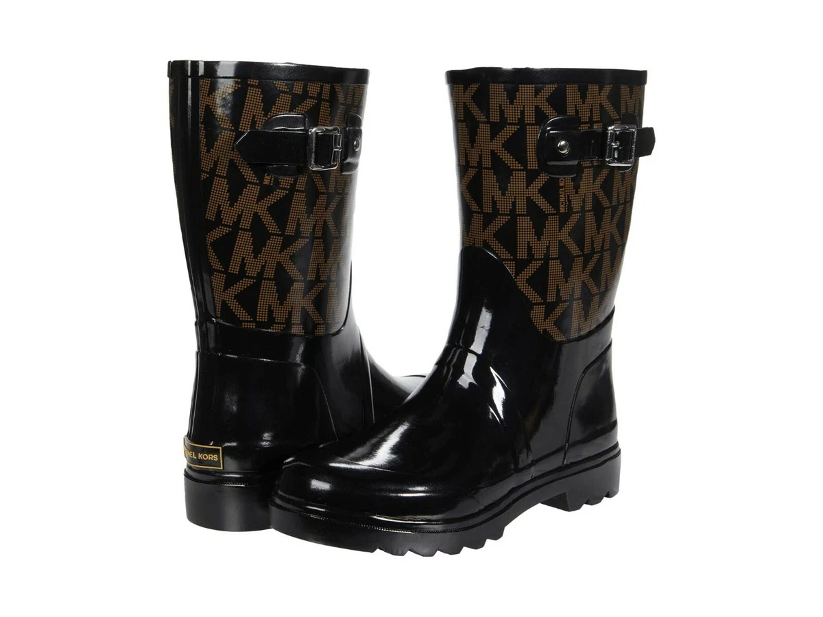 Michael Kors Women's MK Logo Mid Rain Boots Rubber Bootie Black Brown  US Size 6