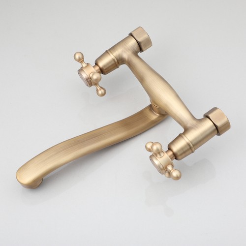 Antique Brass Bathroom Basin Faucets Water Mixer Wall Mounted Dual Handles Taps - Picture 31 of 35