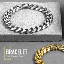 15mm Men's 316L stainless steel Cut Curb Cuban Link Bracelet Chain 8/9/10 inch