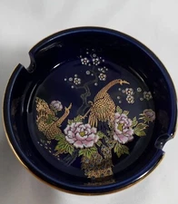 Hand Painted Kutani Blue Ashtray With Gold Inlay Vintage Made In Japan Peacocks 