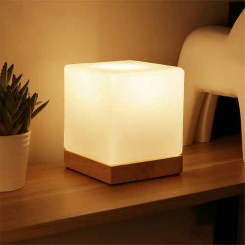 Nordic Style Desk Lamp Square Glass Sahde Table Lamp Wooden Base Indoor Lighting - Picture 4 of 7