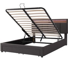 4ft6 Upholstered Double Bed Frame Ottoman Storage Bed with Drawers & LED Lights