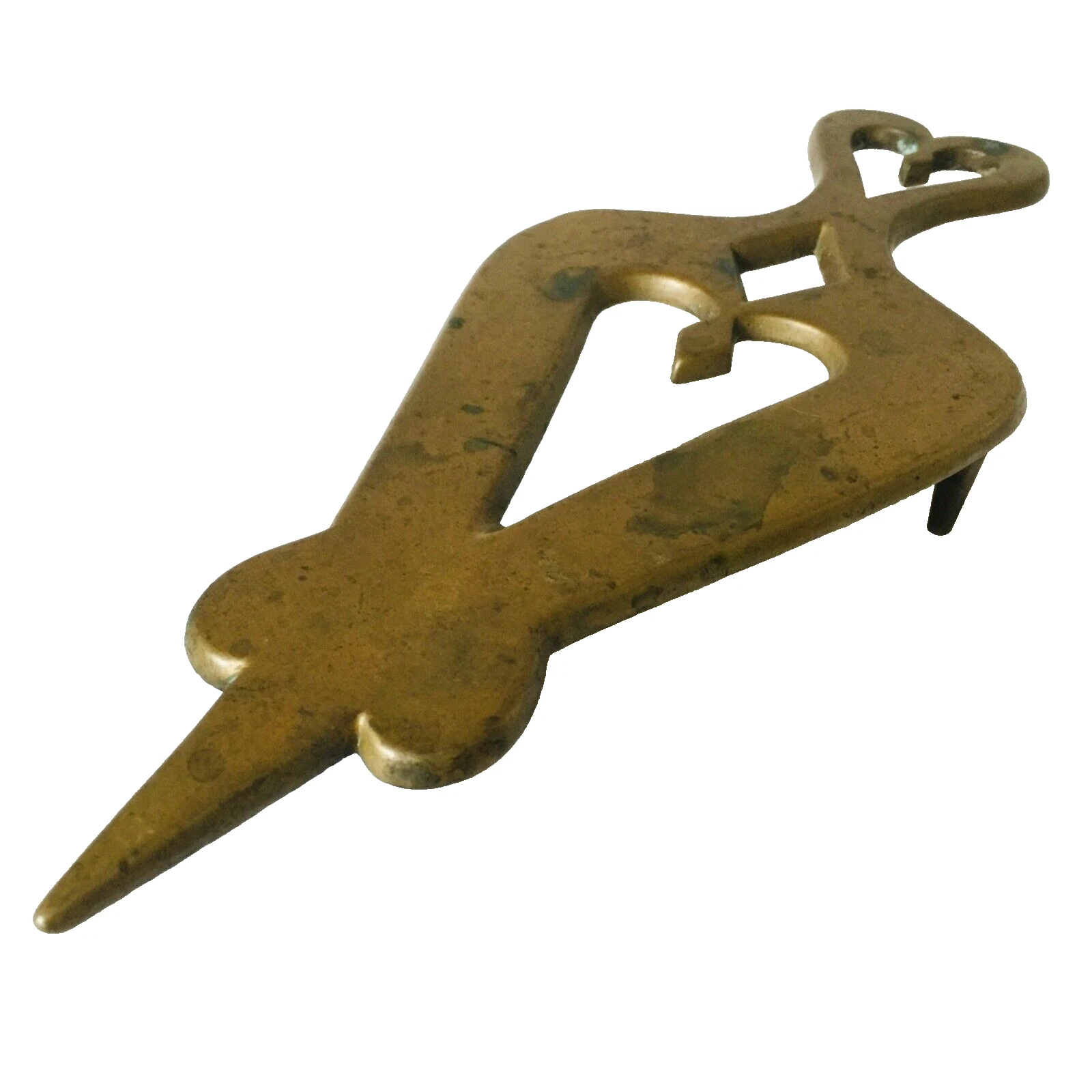 ANTIQUE Solid CAST BRASS Double Heart Design TRIVET Original HTF VTG 10.7" x 4" - product detail image 1