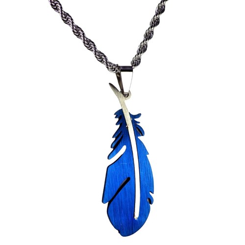 Blue Feather Necklace 316L Stainless Steel Bird Falcon Crow Raven Pendant Chain - Picture 3 of 4
