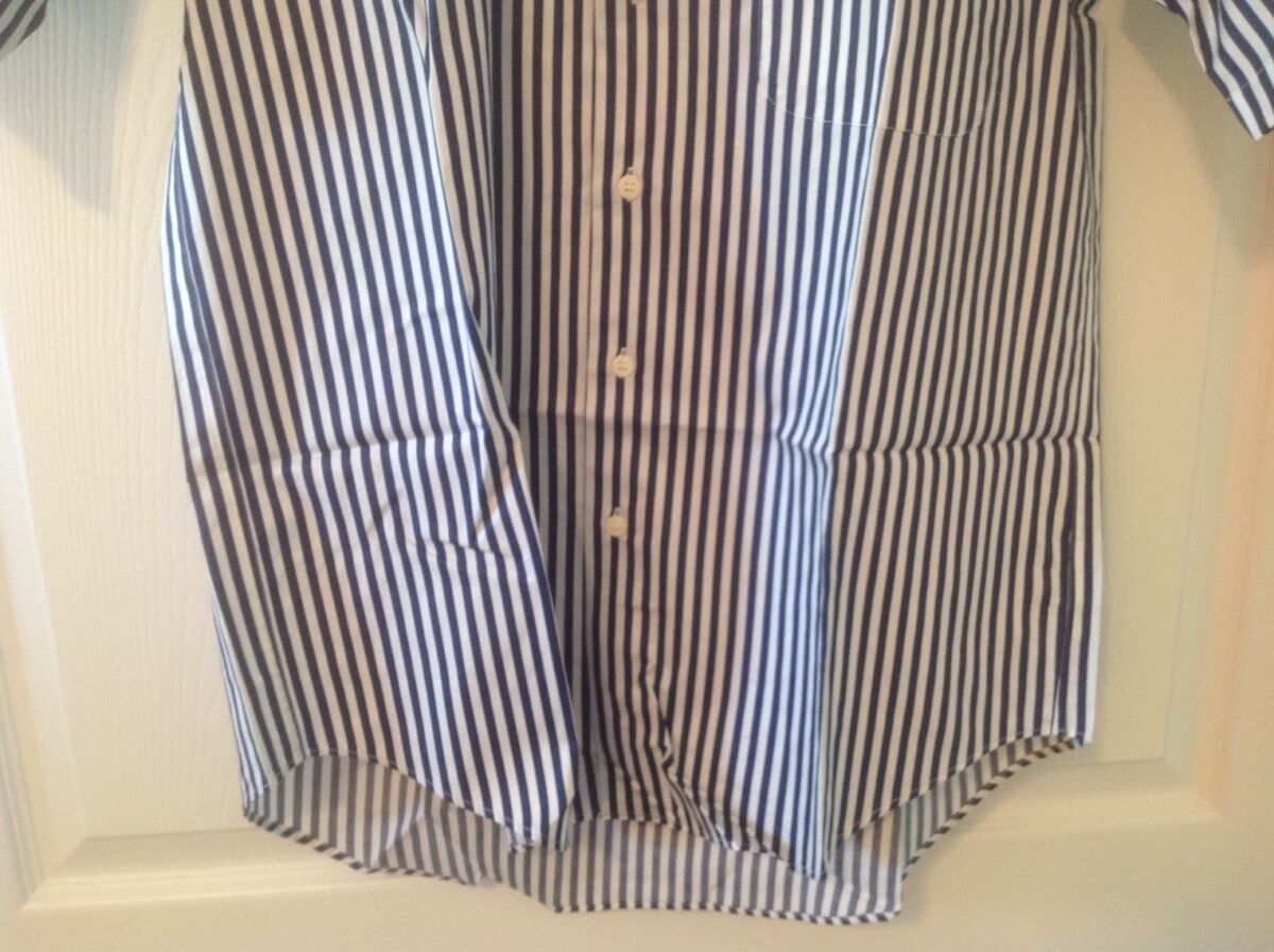 JOHN LANGFORD OF LONDON Men's Shirt - Size Medium (Navy Blue and White  Stripe)