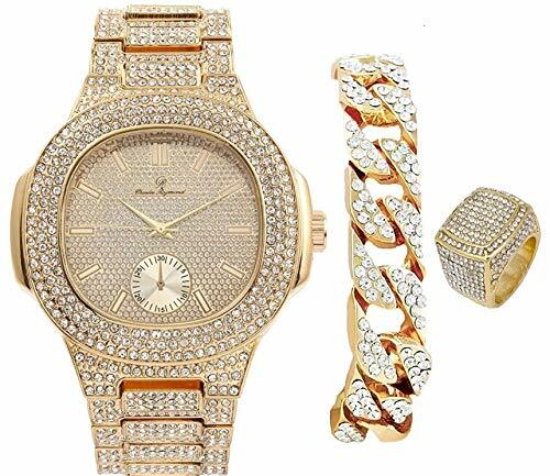 Bling Oblong Case Mens PP Look Watch with Cuban Bracelet and Ring 8475 CR Cuban - Picture 9 of 55