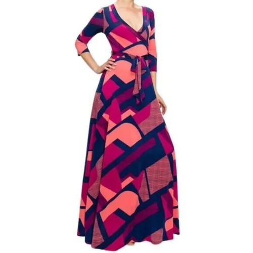 Janette Fashion Navy Pink Faux Wrap Maxi Dress Medium