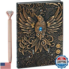 3D Phoenix Vintage Leather Journal Writing Notebook with Pen Set,Antique Hand