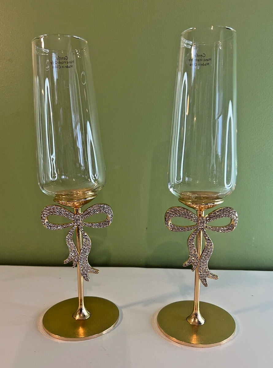 Set of 2 Coquette GOLD Rhinestone BOW Bling CHAMPAGNE FLUTES