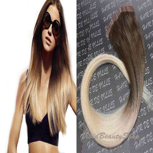 10x Ombre Remy Tape In Skin Weft Human Hair Extension Medium Brown