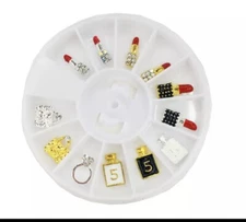 12 Pcs Styles 3D Nail Art DIY Perfume Decoration Alloy Pearl Jewelry + Wheel