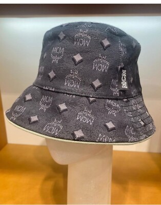 MCM Visetos Dark Grey Unisex Cotton Blend Monogram Logo Bucket Hat