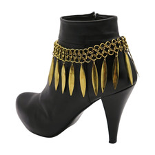 Women Antique Gold Metal Wrap Around Boot Chain Bracelet Shoe Anklet Leaf Charms
