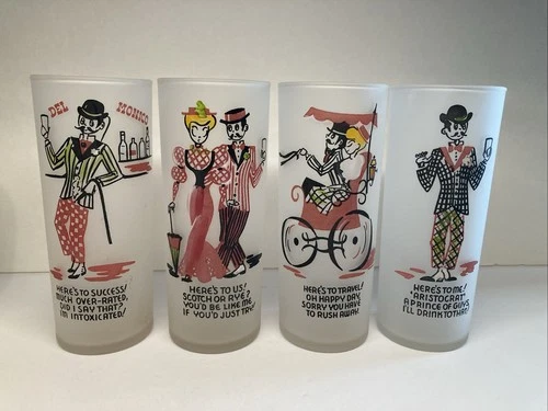 Vintage Federal Glass Frosted Gay Nineties Barware Glasses Set Of 4