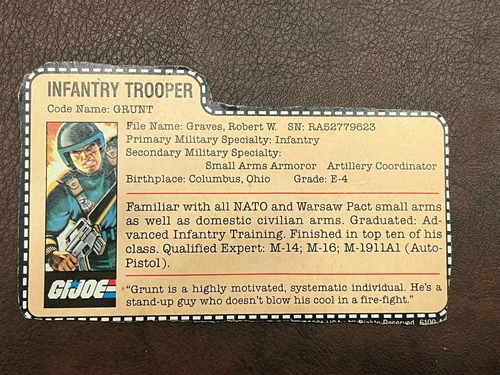 🔴 GI Joe Grunt V1 Straight Arm Vintage 1982 File Card