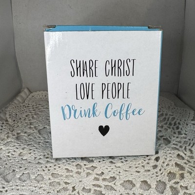 Share Christ Love People Drink Coffee Mug Joyce Meyer White Blue Latte Cup Heart