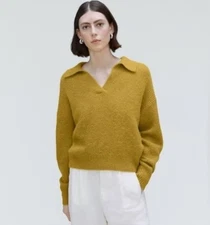 Everlane Alpaca Waffle Knit Polo Sweater Women XXS Mustard Yellow Gold Oversized