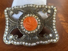 WESTERN ORANGE SWIRL RHINESTONE DESIGN BELT BUCKLE VINTAGE RARE 1980s USA