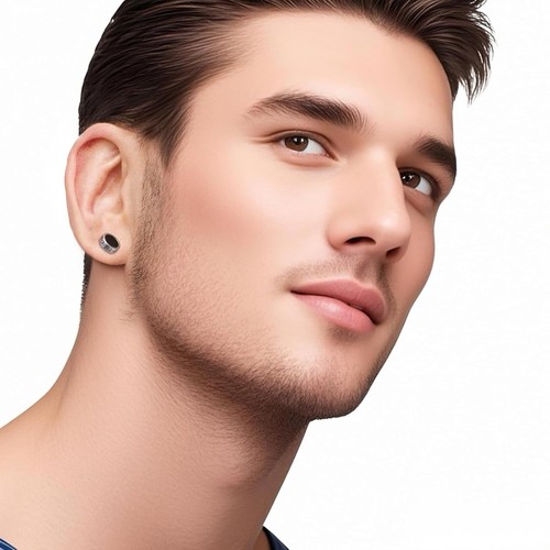 Hypoallergenic Black Stud Earring, Surgical Steel, 0.4” Round Wall Grain Design - Picture 3 of 12