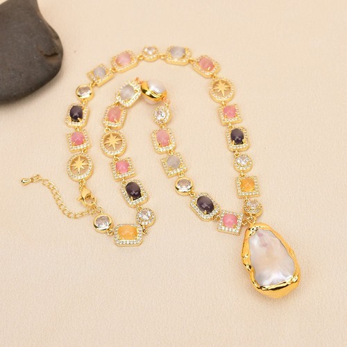 Natural Mix Color Cat eye Cz Chain White Pearl Necklace Keshi Pearl Pendant - Picture 8 of 13