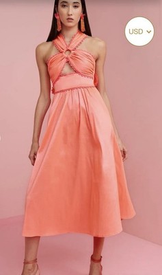 Celia B Avalon Dress Womens Medium Coral Orange Halter Cutout Midi NWT