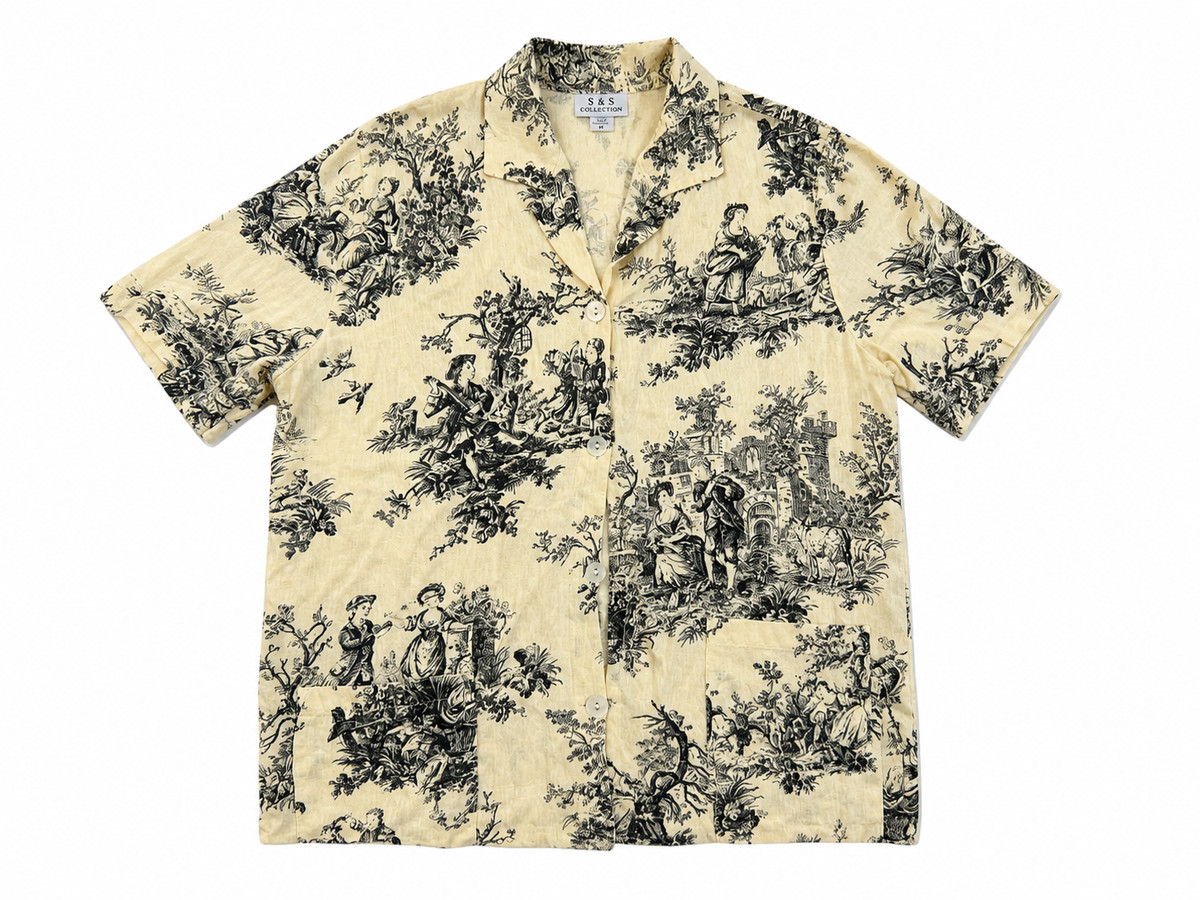 Vintage S&S Collection Linen Shirt Women M Toile Scenic Print Made USA Cottageco