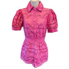 Mainstrip sz S pink eyelet lined puff sleeve pocket romper NWOT chic cottagecore