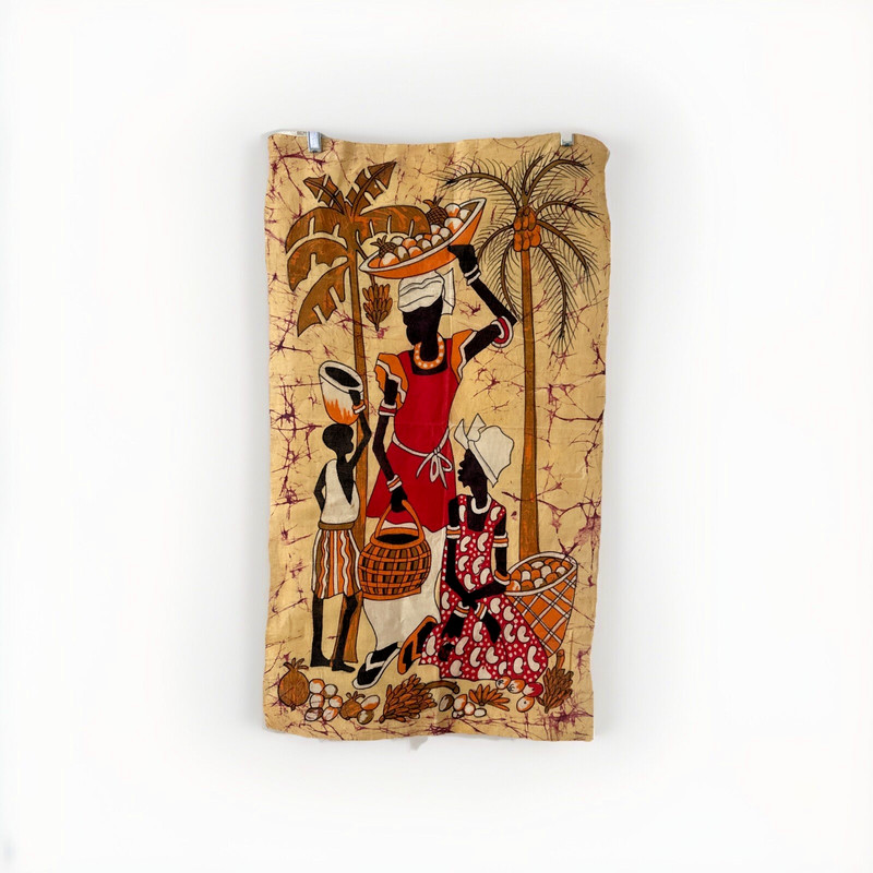 Vintage African Mother and Children Watercolor on Batik from Uganda 33" x 18.5