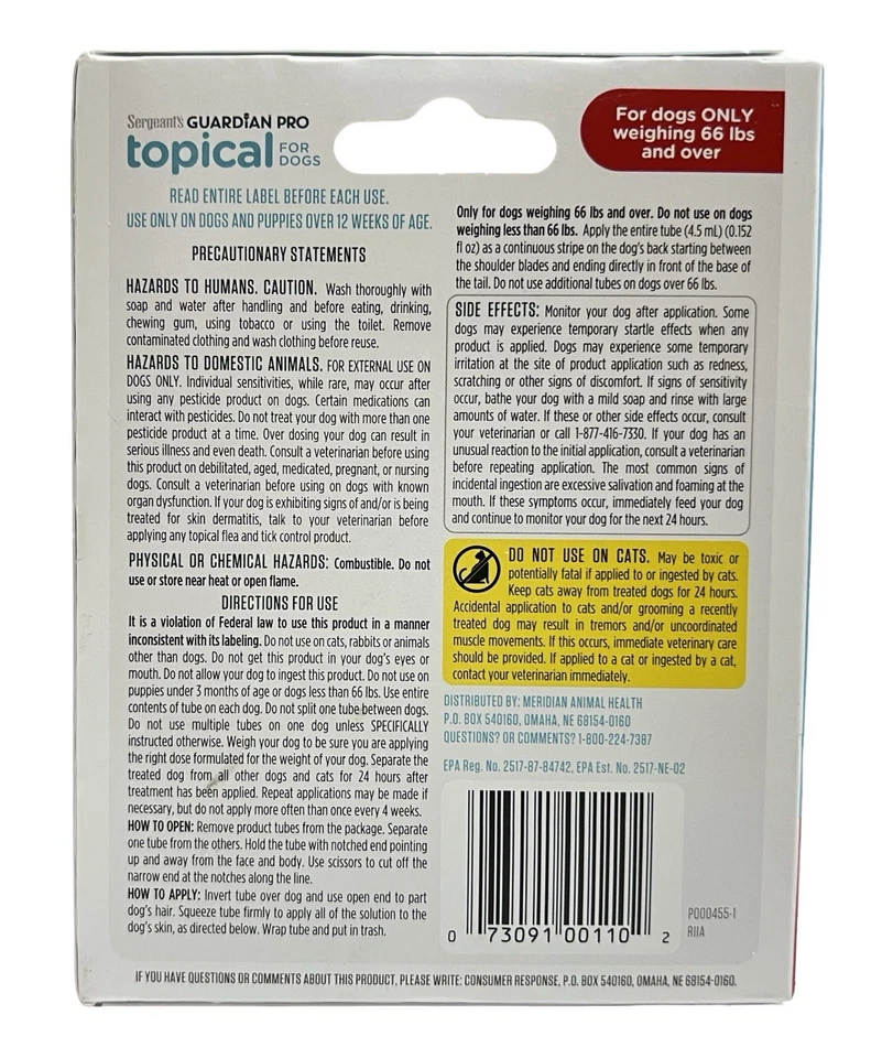 Tratamiento tópico profesional Sergeant's Guardian para perros 66 libras y más, 3 tratamientos Foto 2 de 4