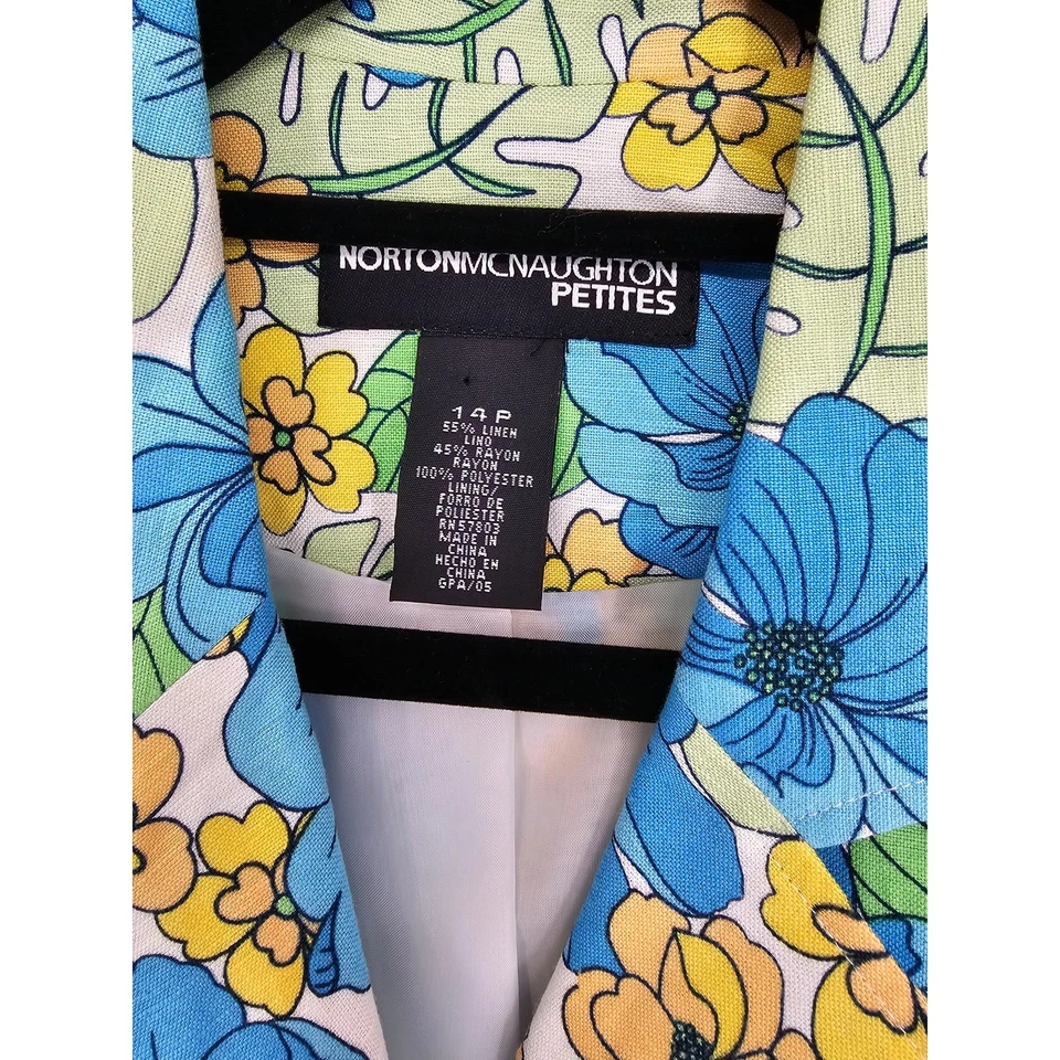 Traje Blazer Norton Mcnaughton Mujer Talla 14P Mezcla de Lino Amarillo Azul Floral Foto 3 de 4