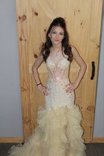 Sherri Hill Ivory Gold Ruffled Mermaid Formal Dress Sleeveless Gown