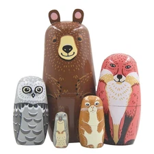 Cute Animal Nesting Dolls - Brown Bear Fox Owl Rabbit Raccoon Matryoshka Doll...