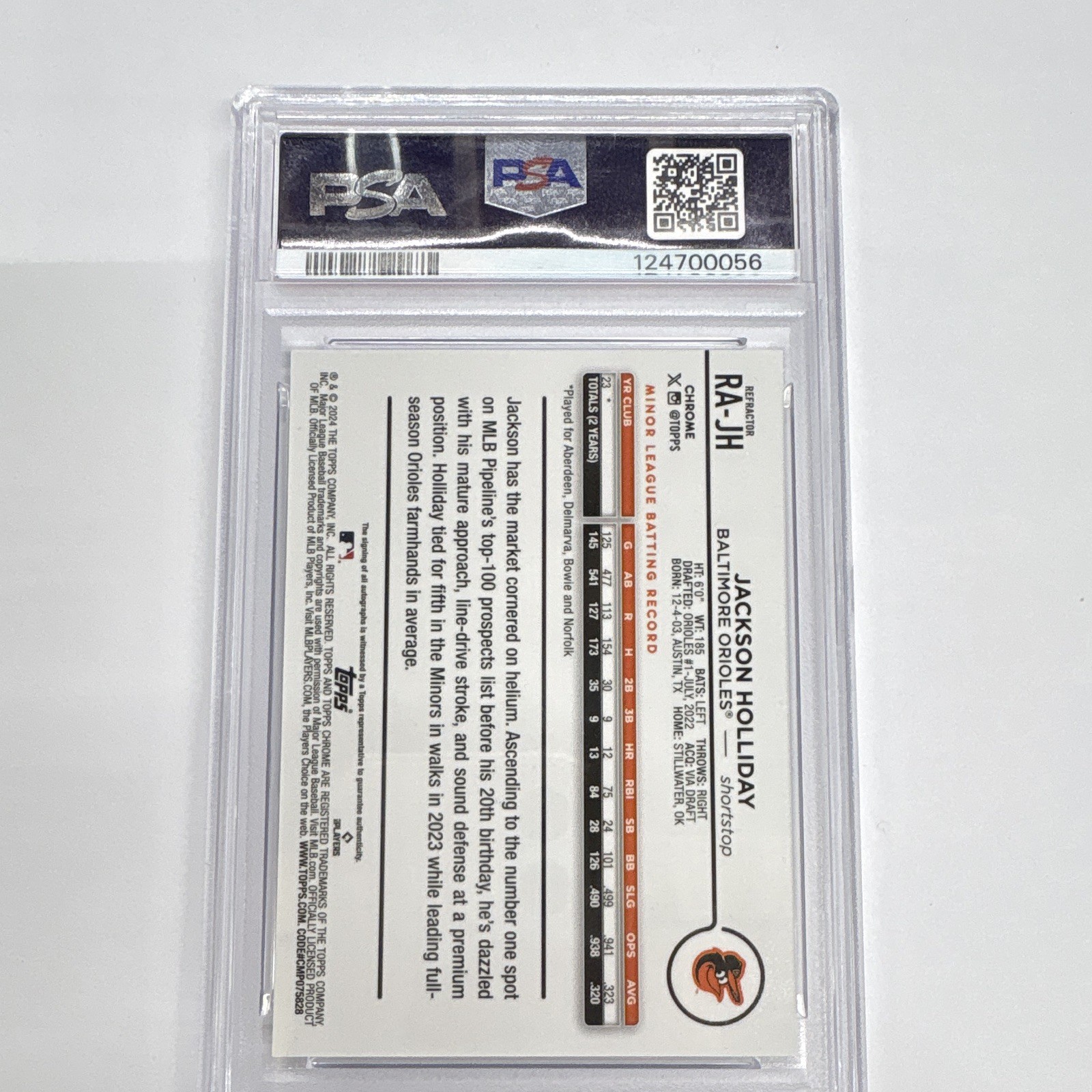 Topps Chrome 2024 Jackson Holliday RC Auto Refractor /499 PSA 10 #RA-JH view 3