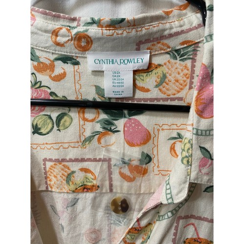 NUEVO CON ETIQUETAS Cynthia Rowley Mezcla de Lino Estampado de Frutas Silenciadas Hasta el Codo Mangas Costeras 2X - Imagen 4 de 8