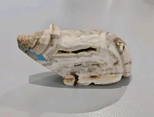 ZUNI Abby Quam Carved Bear Fetish with Turquoise Eyes and Heartline Arrow