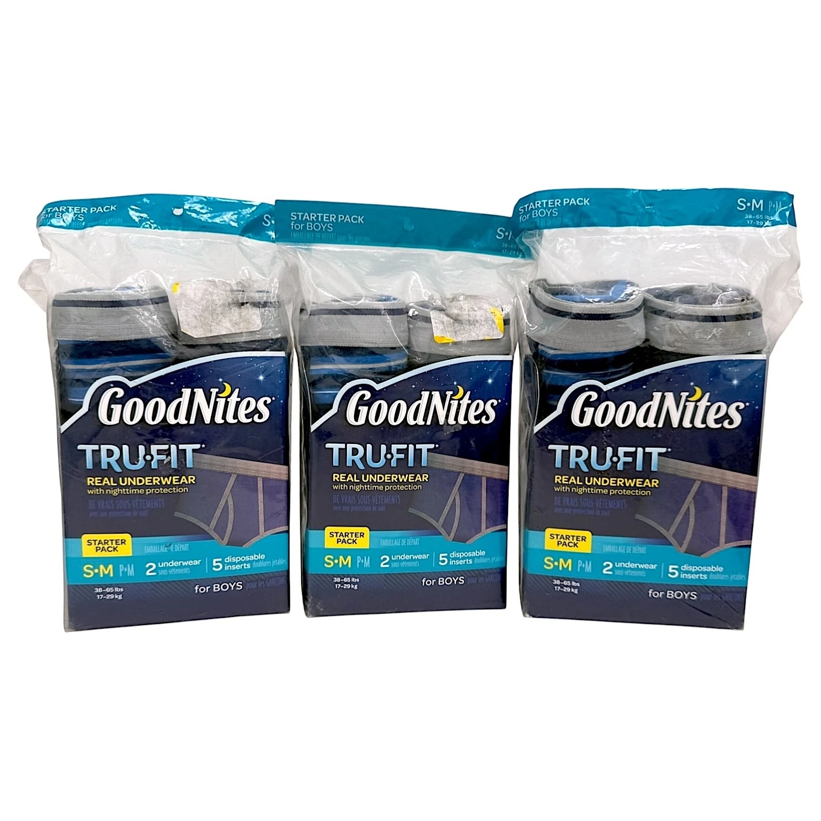 Goodnites TRU-FIT Real Underwear BOYS Starter Pack w/ Refills S/M Lot of 3