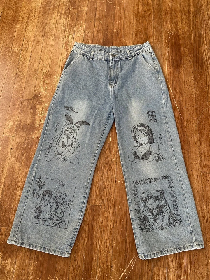 Y2K Stussy Vencede New York Graphic Hentai Anime Loose Fit Denim Jeans 32x26 - Image 2 of 4