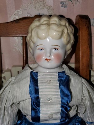 19.5'' Antique 1880 Blonde German Hertwig China Head Doll Original Cloth Body 