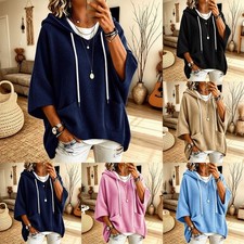Women's Waffle Pattern Half Sleeve Hooded Pullover Top Loose Solid Hoodie