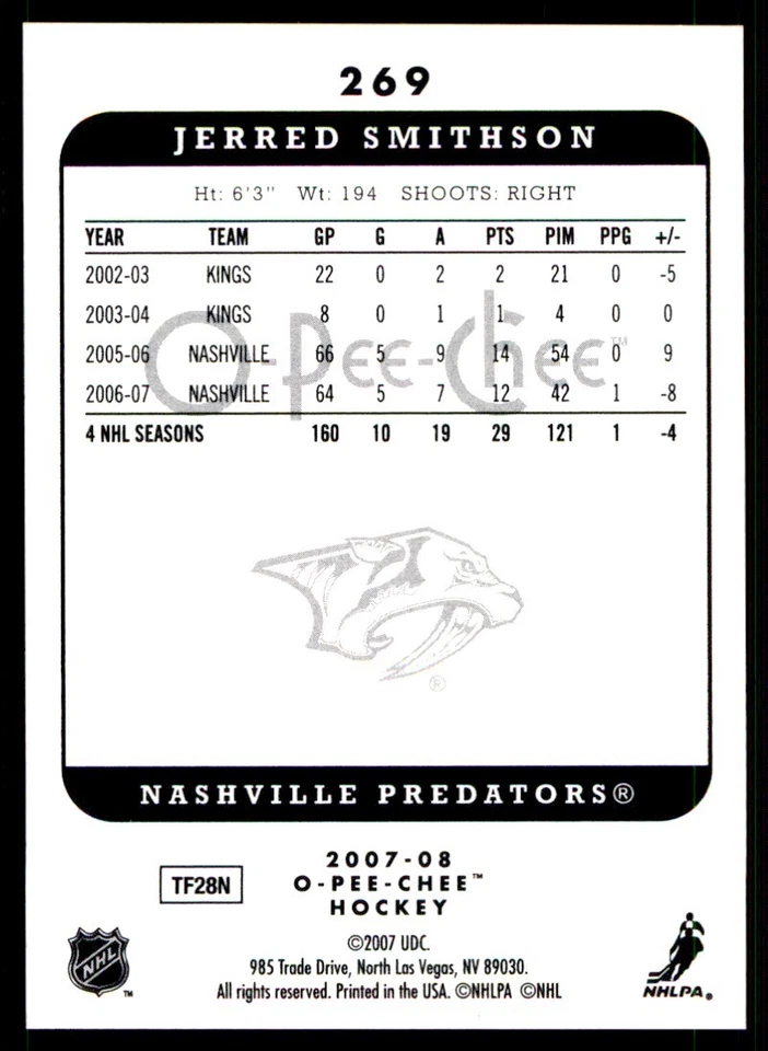 2007-08 O-Pee-Chee Jerred Smithson Nashville Predators #269 - Image 2 of 2