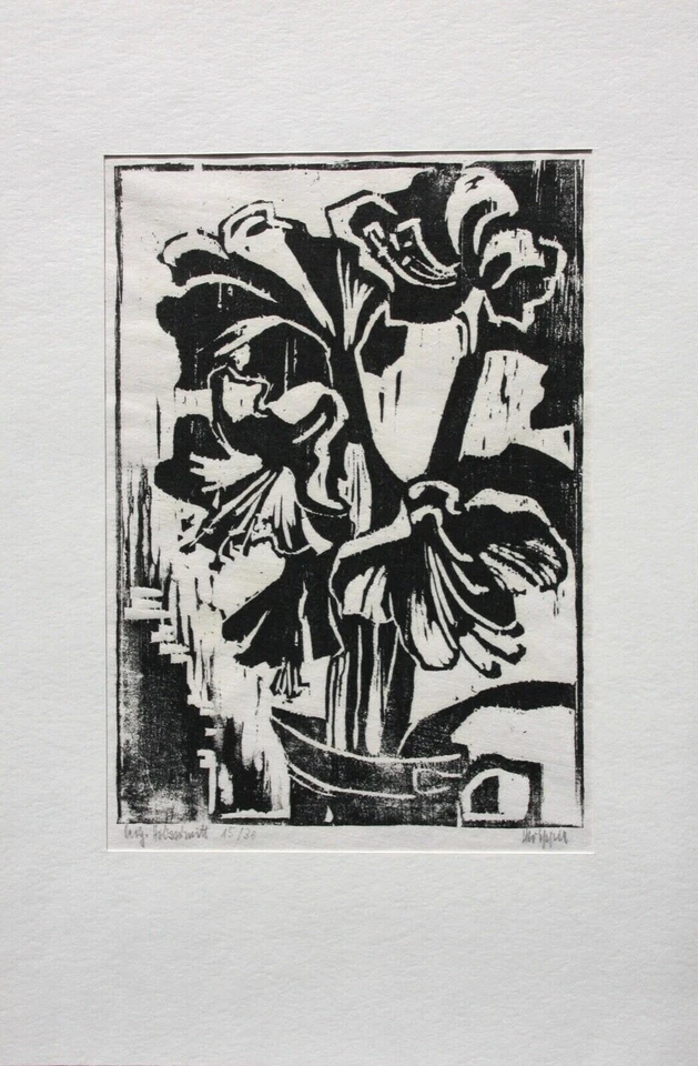 Heinz Wipper (1914-2007), Holzschnitt, expressionistisches Stillleben, Amaryllis - Bild 3 von 4