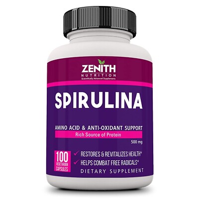 Zenith Nutrition Spirulina 500 mg - 100 Capsules LONG EXPIRY