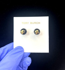 Tory Burch Earrings Black Pearl w/ Double-T Logo in Gold Studs 3/8 New Designer