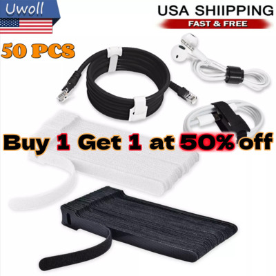 50-100 Cable Straps Black Wire Cord Hooks Loop Ties Reusable Fastening Organizer