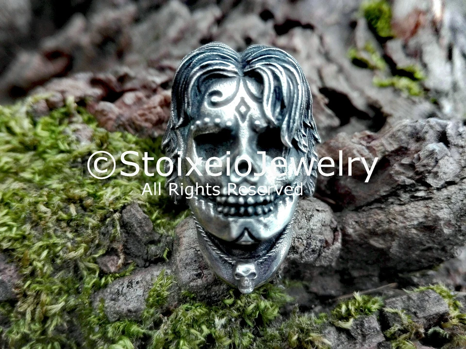 Sugar Skull Men's Ring , Skull Men's Sterling Silver Ring, sizes US 7 - 14 - Image 3 of 4