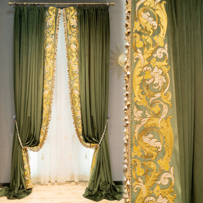 upscale olive-green flannelette embroidery velvet cloth curtain drape C1771