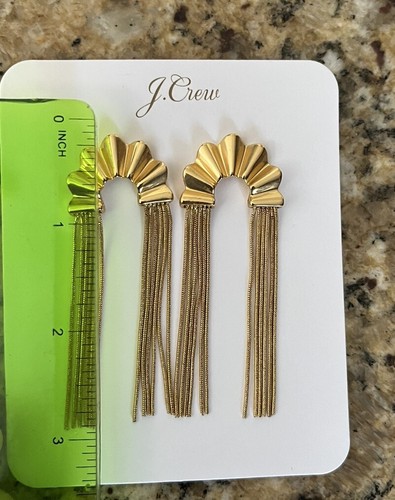 J Crew Sculpted Fan Gold Tone Drop Chain 3" Long Statement Earrings NWT NEW - Picture 13 of 13