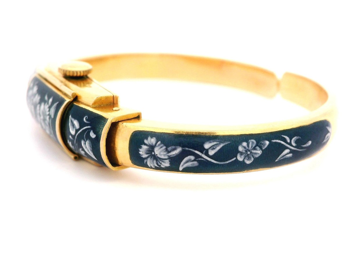 Jean Perret Geneve Enameled Watch Bracelet Black Floral Silver Tone Cuff Vintage Jean Perret Watch - Etsy main image 4